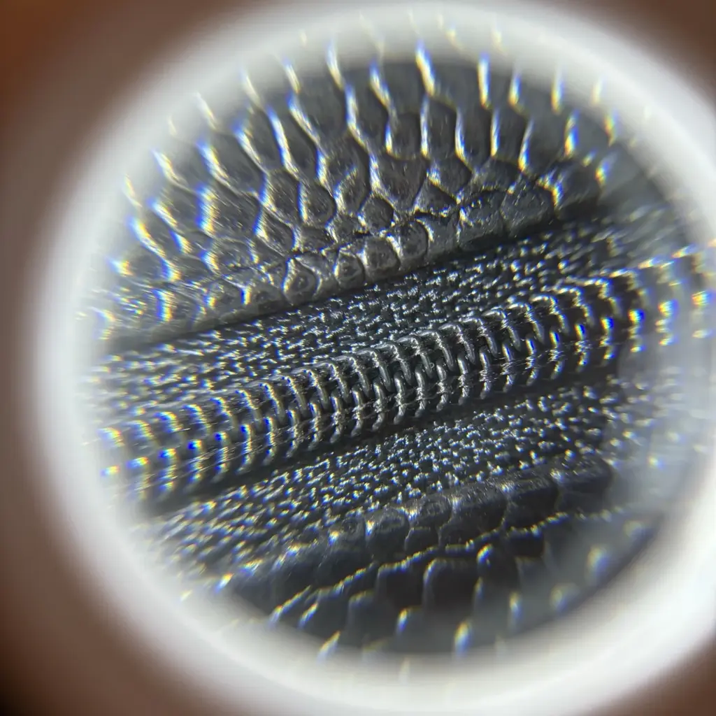 Magnified CF25 interior zipper teeth and tape stitching
