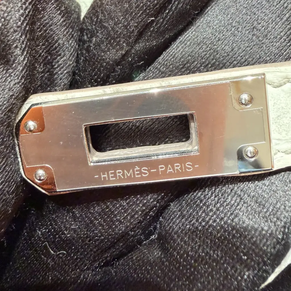 Macro view of the engraved silver-tone front hardware plate