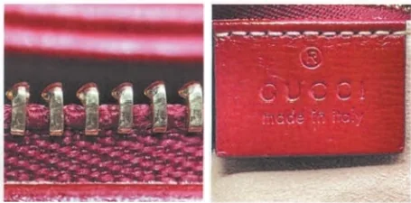 Paired detail photographs showing Gucci zipper teeth and the front of a red leather logo tag
